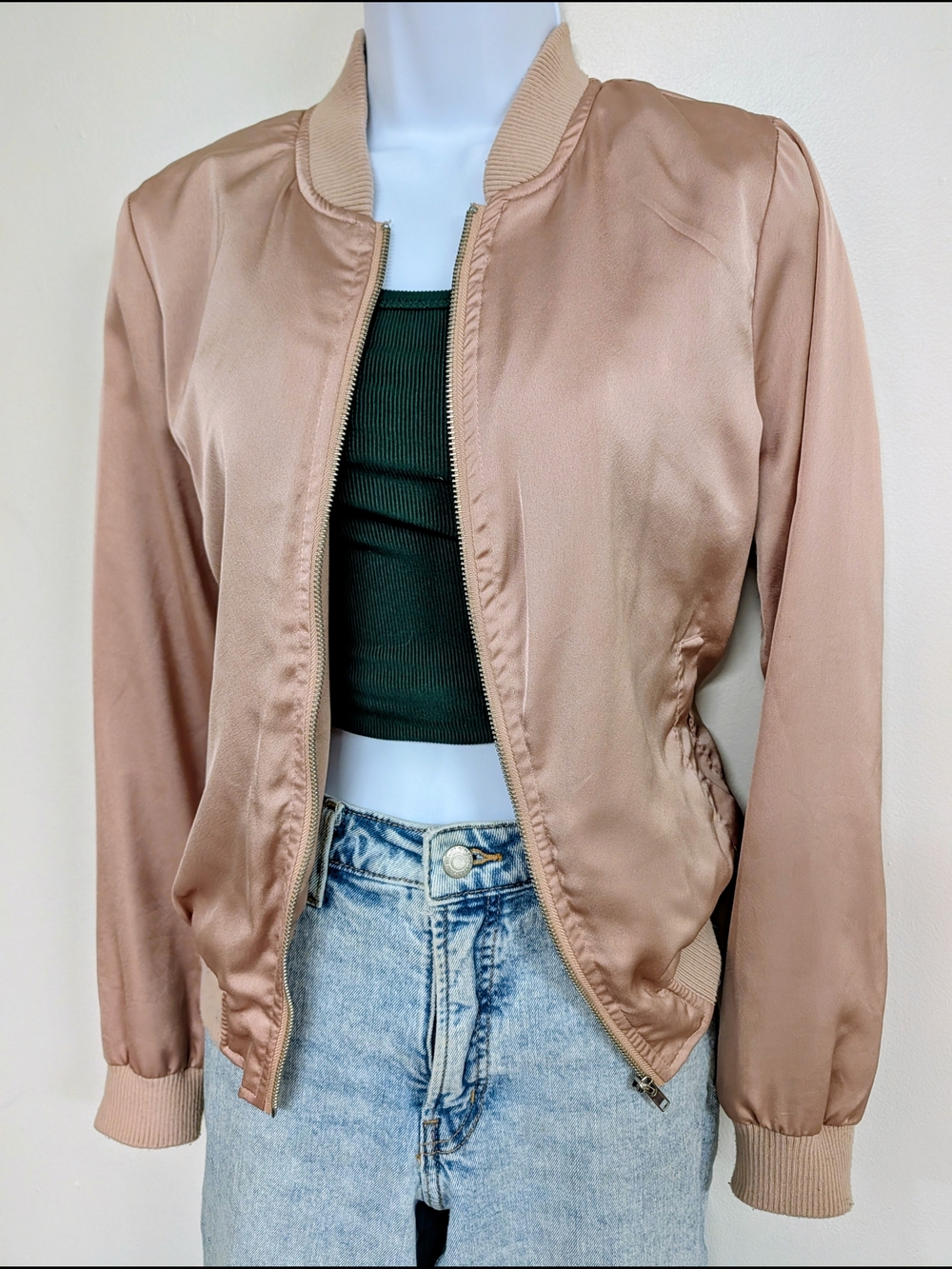 Women's Satin Bomber Jacket in Blush Pink